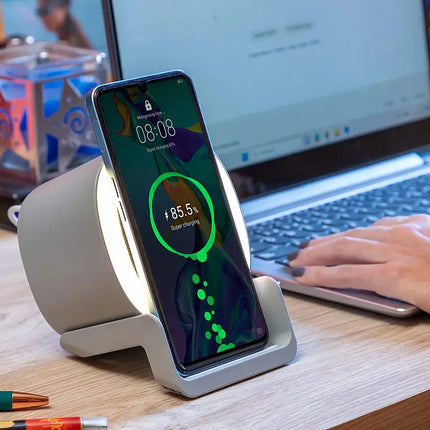 Carregador sem fios com altifalante e luz LED