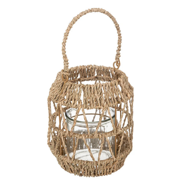Lanterna em rattan bege com castiçal de vidro