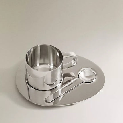 CONJUNTO DE CHÁVENA, COLHER E BANDEJA AÇO