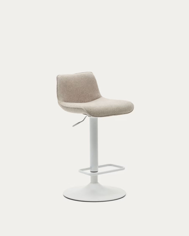 Banco alto Zenda de chenille bege e aço branco mate 81-102 cm FSC 100%