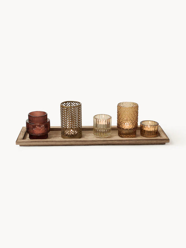 Suporte para velas com tabuleiro em madeira Elviena, conjunto de 6  Bloomingville