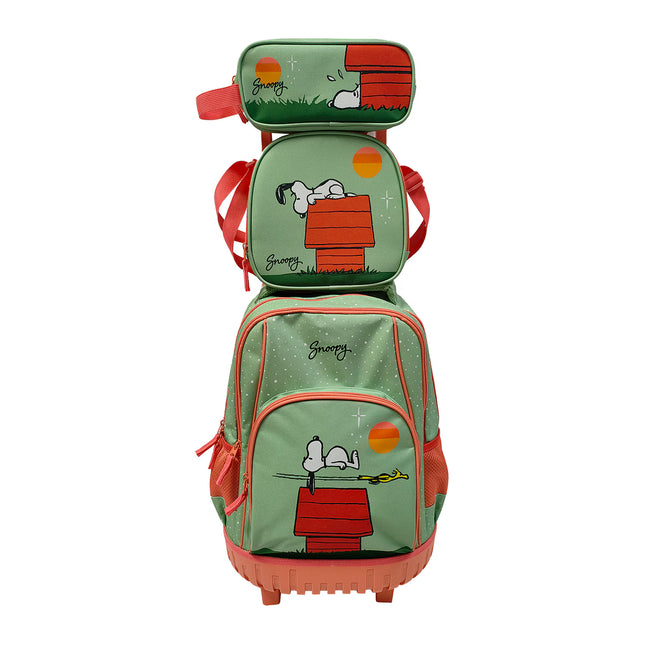 Conjunto Compacto 3 Peças Trolley Basico mais Lancheira e Estojo Cilindrico Snoopy CyP Brands - Verde Multicolor