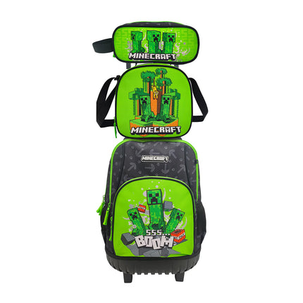 Conjunto Compacto 3 Peças Trolley Basico mais Lancheira e Estojo Cilindrico Minecraft CyP Brands - Verde Multicolor